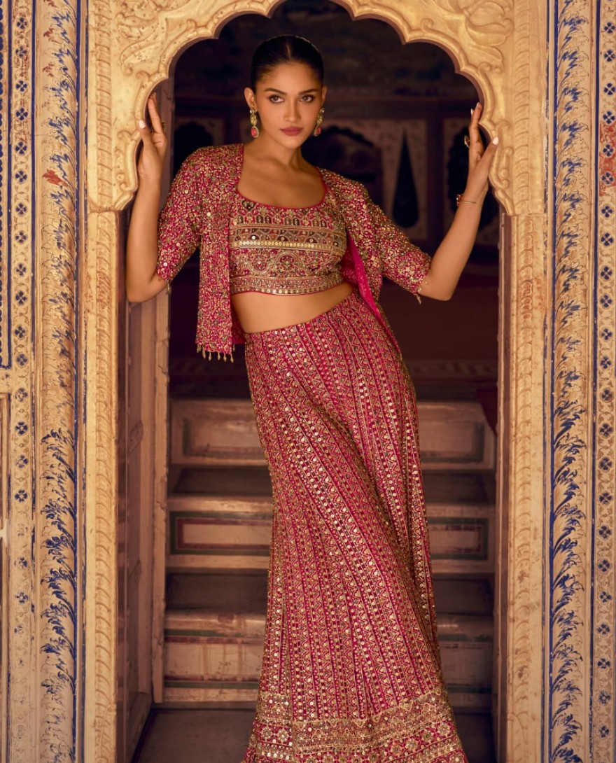 PINK - Pink Georgette Jacketed Co-ord Set With Sequins Work