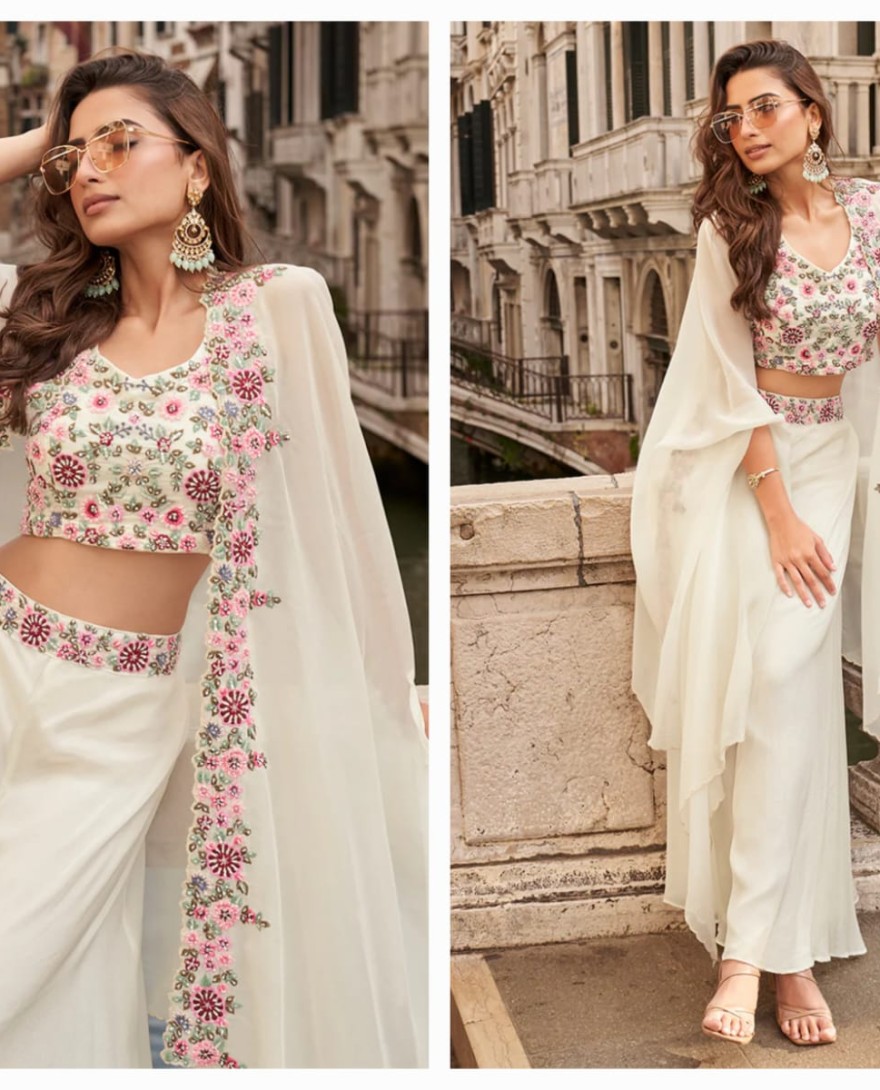 WHITE - Off-White Indo Western Chinon Palazzo Set with Embroidered Cape