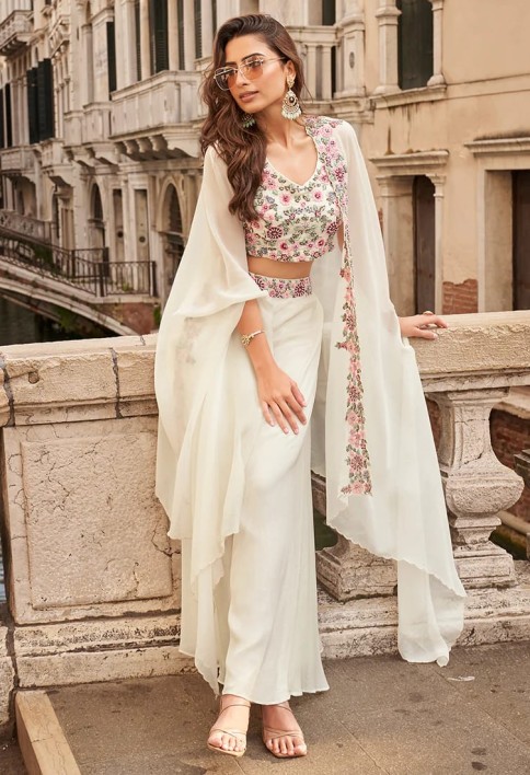 Off-White Indo Western Chinon Palazzo Set with Embroidered Cape