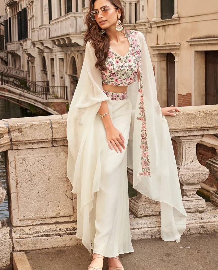 WHITE - Off-White Indo Western Chinon Palazzo Set with Embroidered Cape