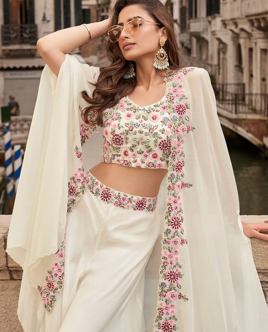 WHITE - Off-White Indo Western Chinon Palazzo Set with Embroidered Cape