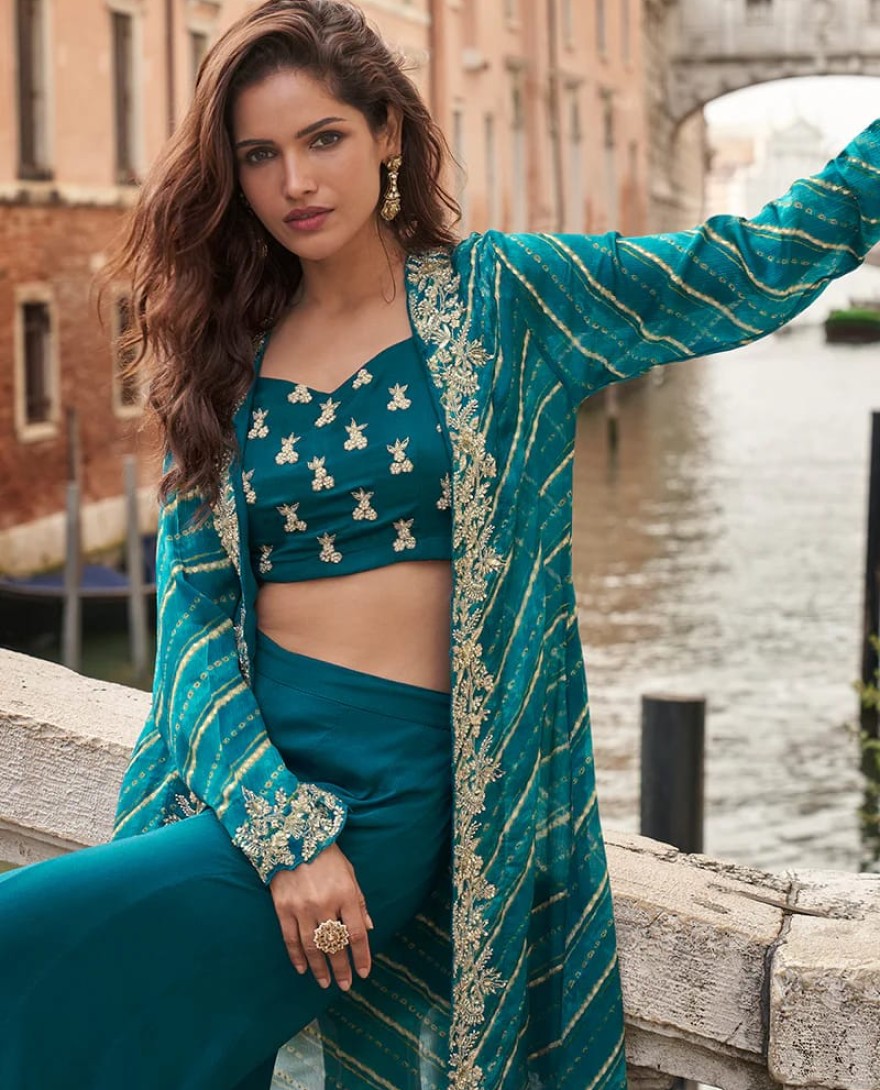 BLUE - Teal Blue Indo Western Jacket Style Chinon Palazzo Suit with Embroidered Blouse