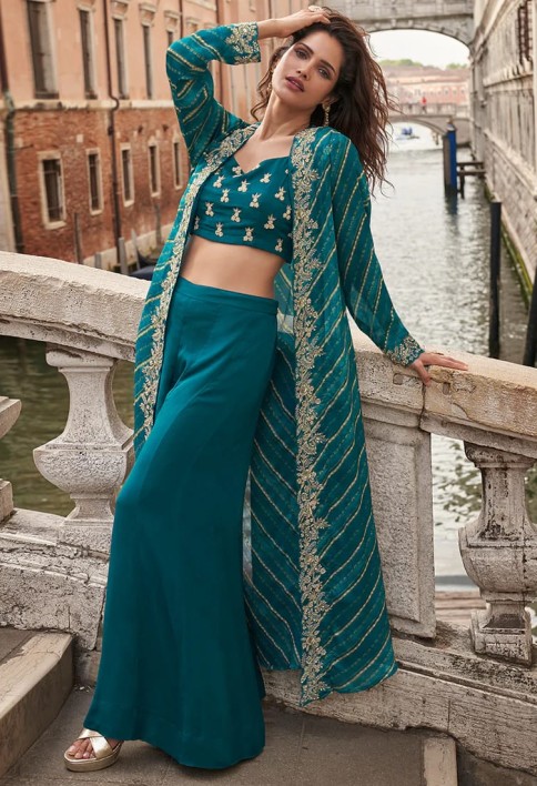 Teal Blue Indo Western Jacket Style Chinon Palazzo Suit with Embroidered Blouse