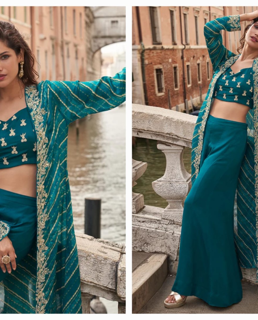 BLUE - Teal Blue Indo Western Jacket Style Chinon Palazzo Suit with Embroidered Blouse