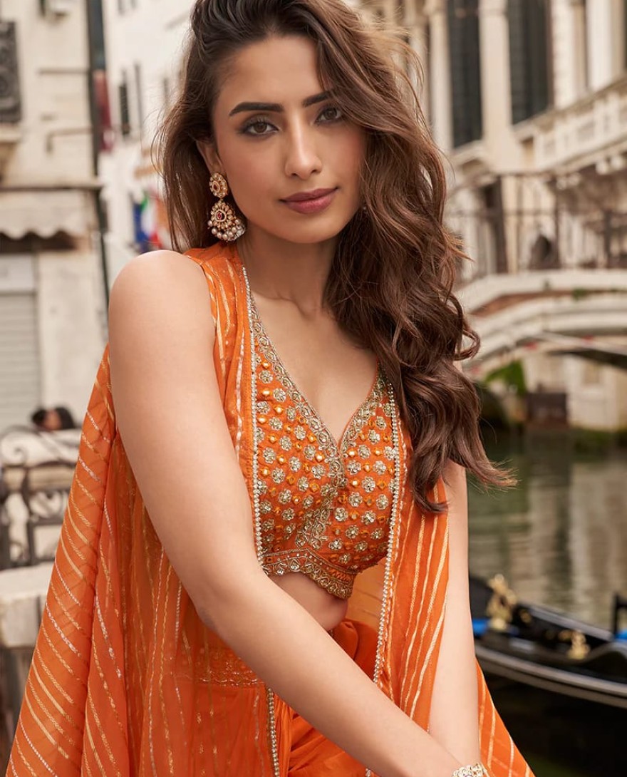 ORANGE - Bright Orange Indo Western Chinon Palazzo Suit with Embroidered Blouse & cape