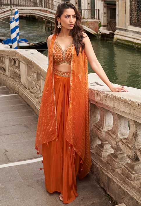 Bright Orange Indo Western Chinon Palazzo Suit with Embroidered Blouse & cape