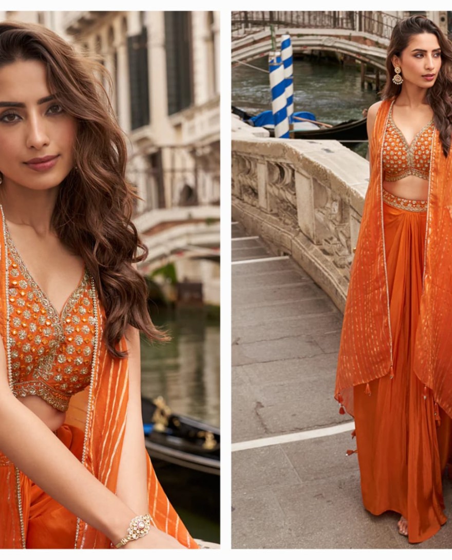 ORANGE - Bright Orange Indo Western Chinon Palazzo Suit with Embroidered Blouse & cape