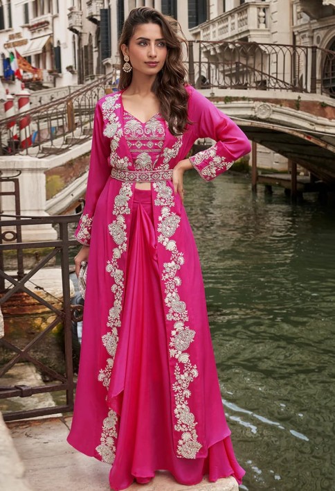 Rani Pink Indo Western Jacket Style Chinon Dhoti Suit with Heavy Embroidery