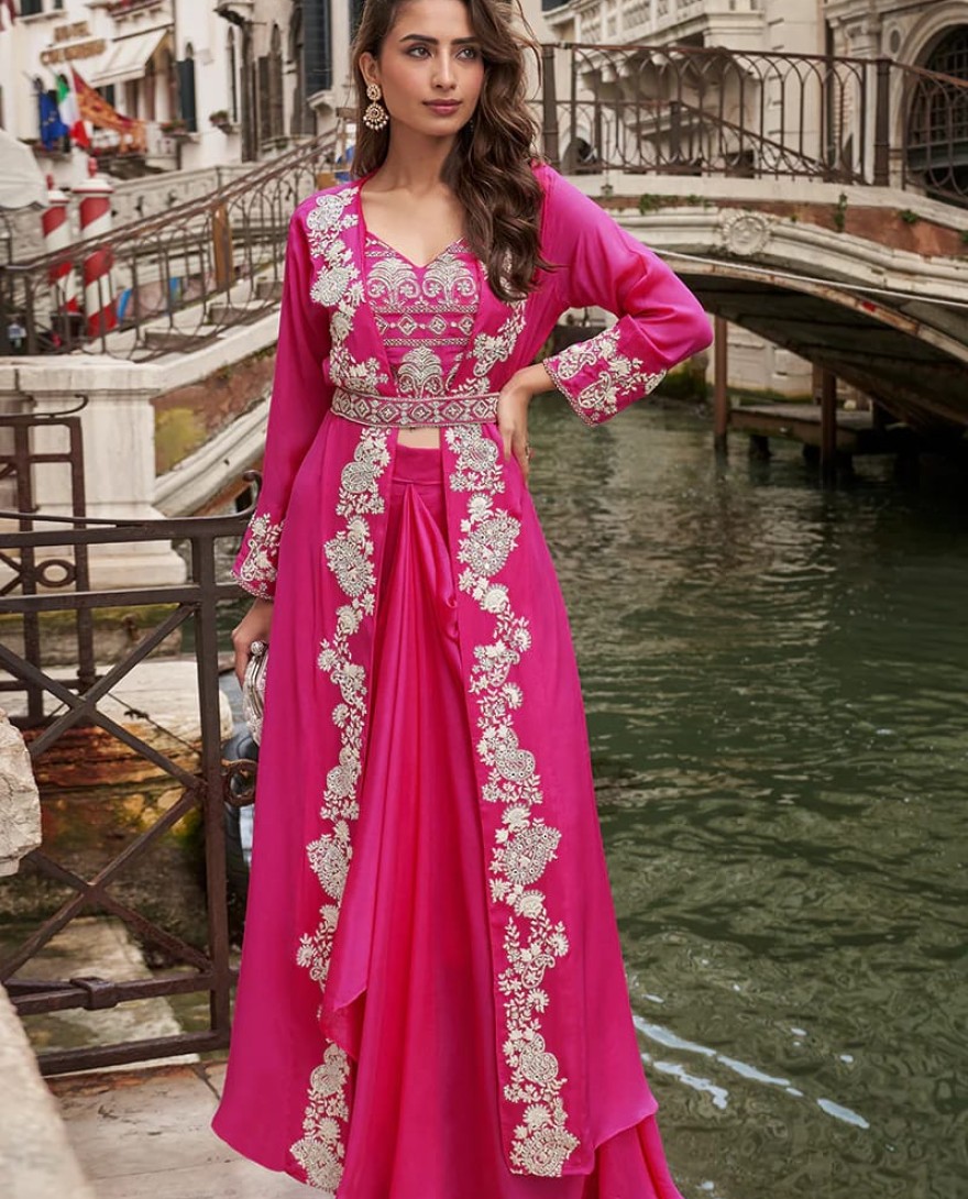 PINK - Rani Pink Indo Western Jacket Style Chinon Dhoti Suit with Heavy Embroidery