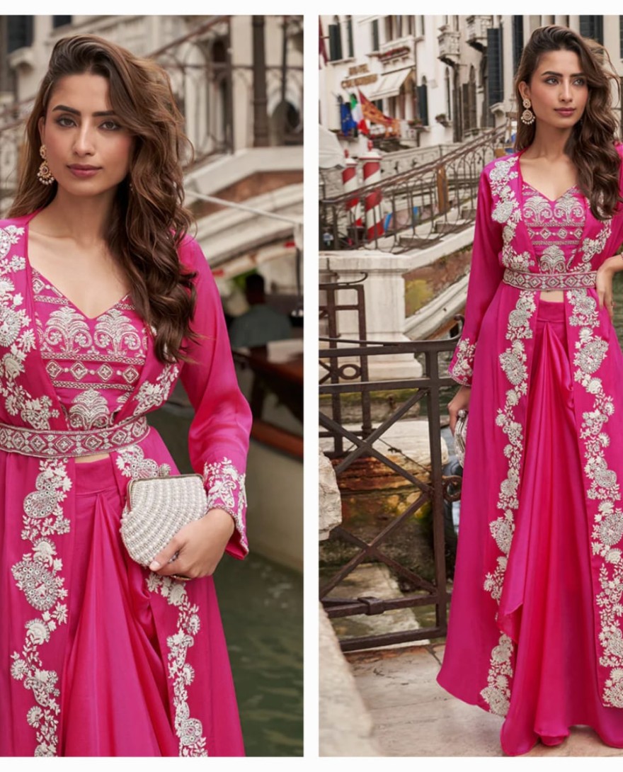 PINK - Rani Pink Indo Western Jacket Style Chinon Dhoti Suit with Heavy Embroidery
