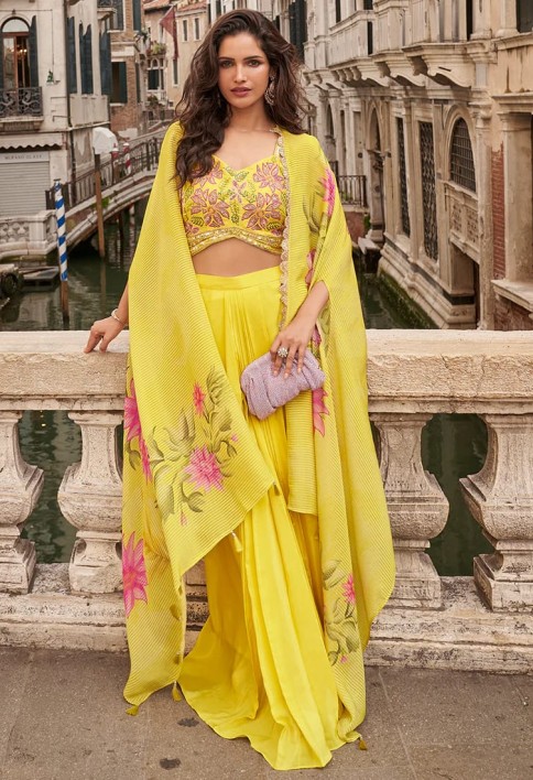 Yellow Indo Western Chinon Palazzo Set with Embroidered Blouse & Printed Cape