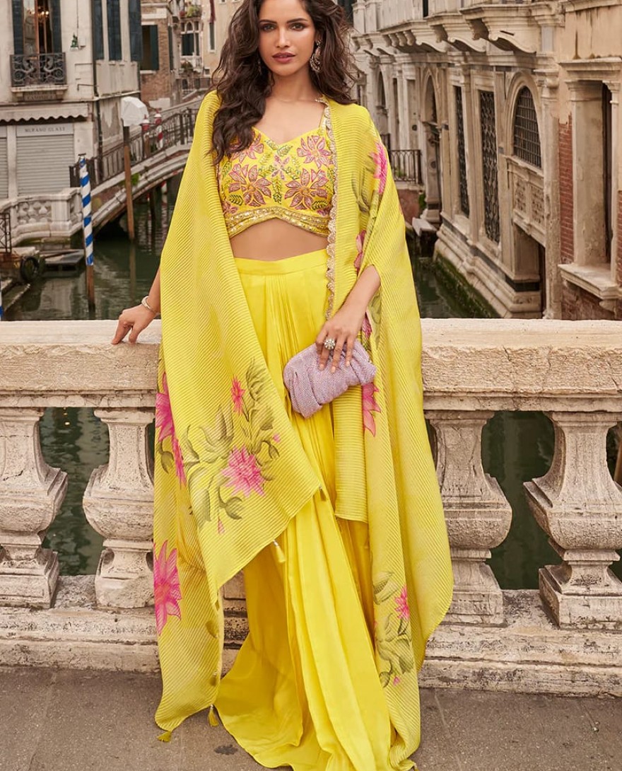 YELLOW - Yellow Indo Western Chinon Palazzo Set with Embroidered Blouse & Printed Cape