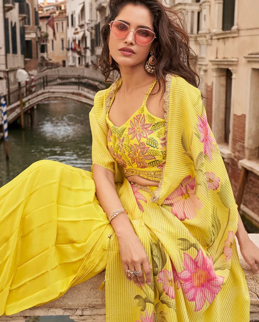 YELLOW - Yellow Indo Western Chinon Palazzo Set with Embroidered Blouse & Printed Cape
