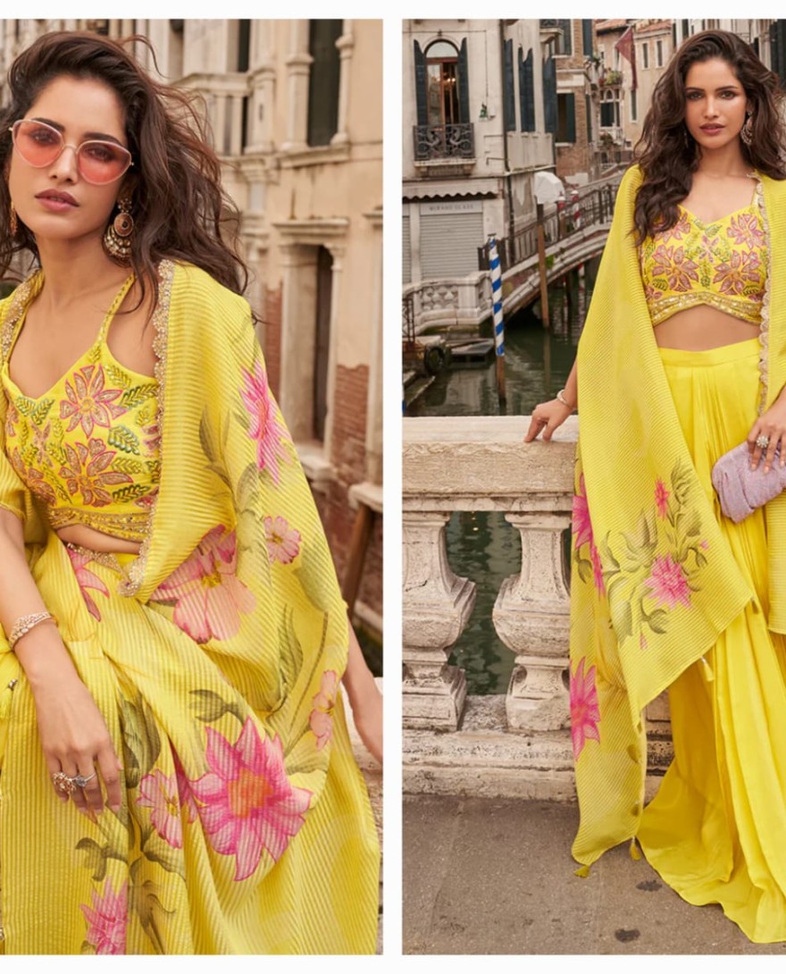 YELLOW - Yellow Indo Western Chinon Palazzo Set with Embroidered Blouse & Printed Cape