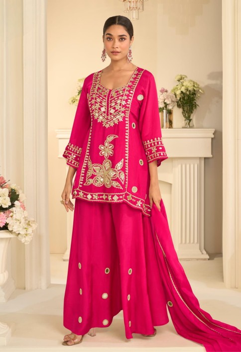 Rani Pink Mirror Embroidery Sharara Style Suit