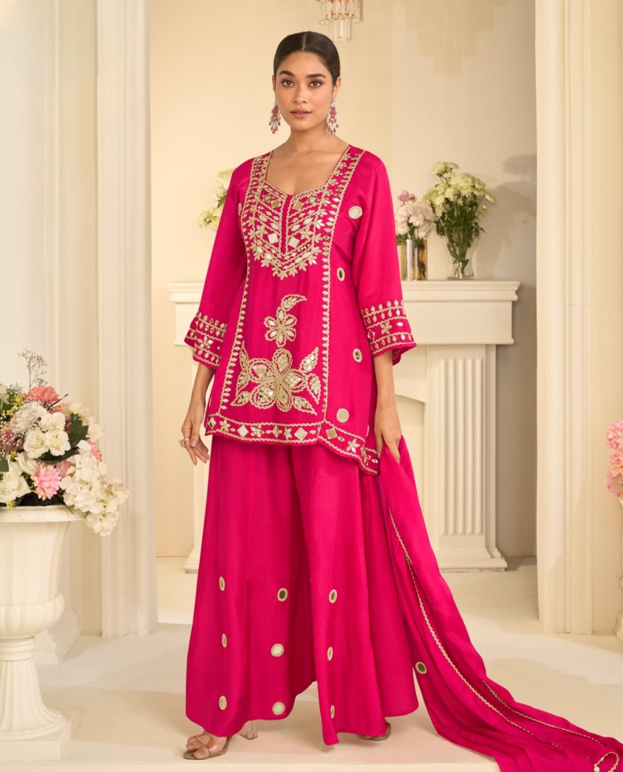 PINK - Rani Pink Mirror Embroidery Sharara Style Suit