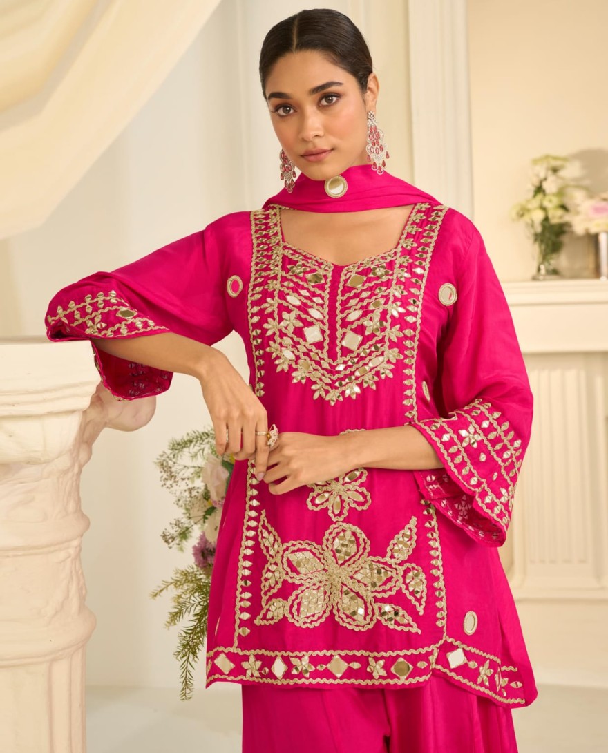 PINK - Rani Pink Mirror Embroidery Sharara Style Suit