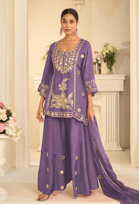 Lavender Mirror Embroidery Sharara Style Suit