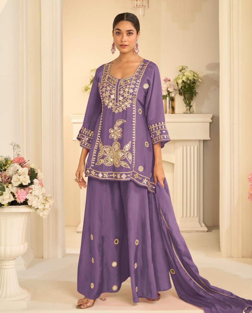 PURPLE - Lavender Mirror Embroidery Sharara Style Suit