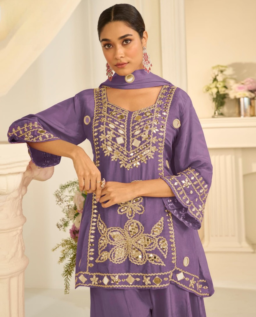 PURPLE - Lavender Mirror Embroidery Sharara Style Suit