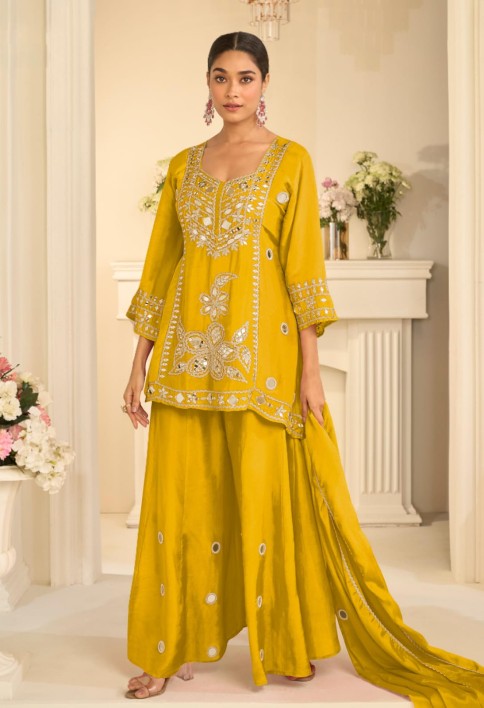 Yellow Mirror Embroidery Sharara Style Suit