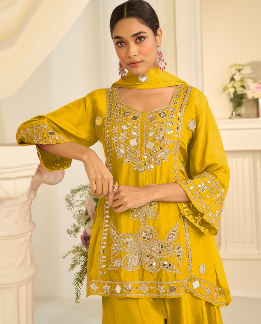 YELLOW - Yellow Mirror Embroidery Sharara Style Suit