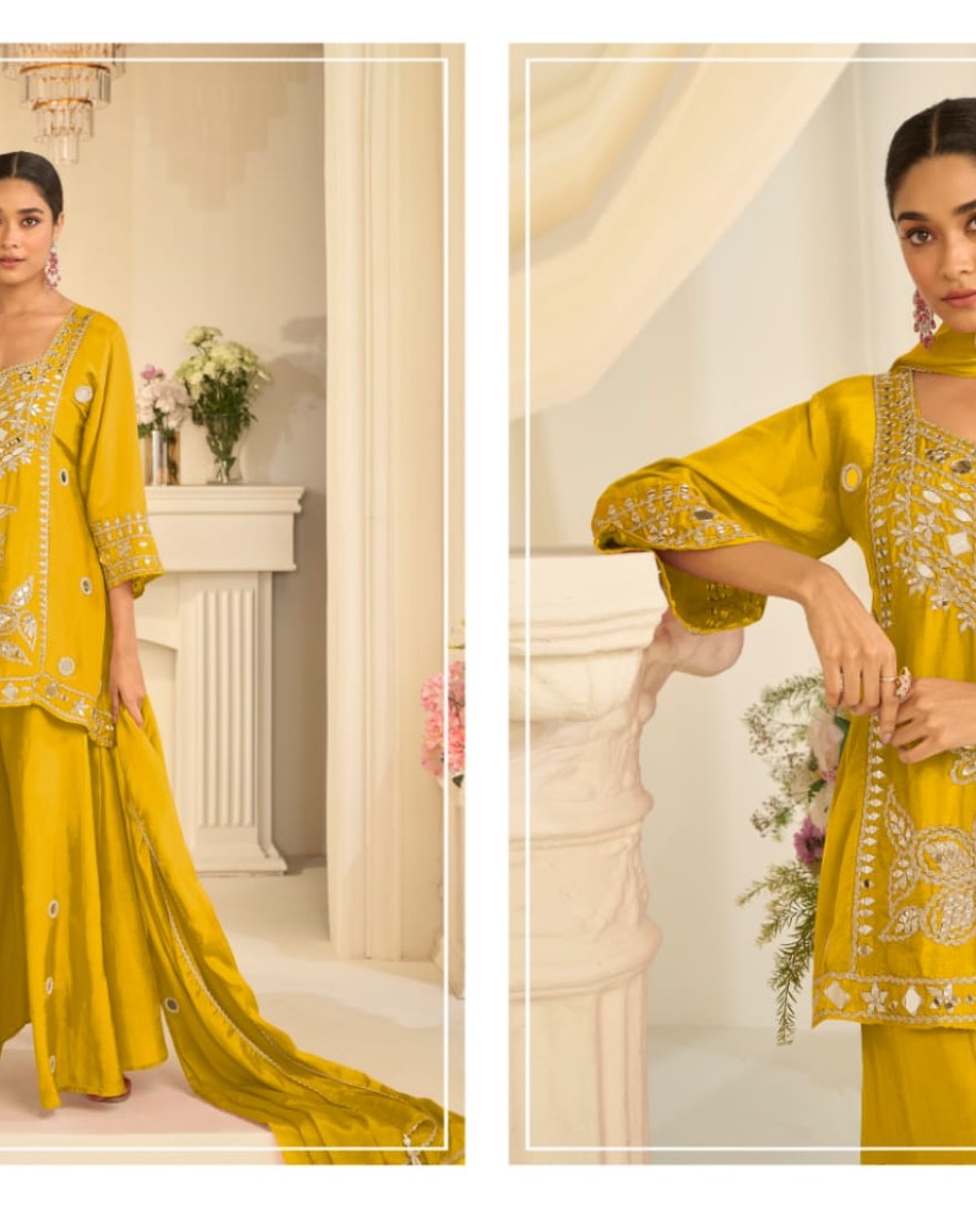 YELLOW - Yellow Mirror Embroidery Sharara Style Suit