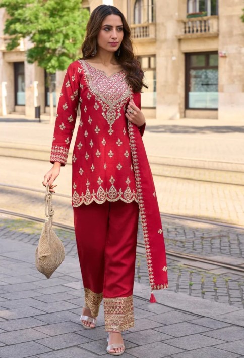 Designer Red Simar Silk Salwar Suit with Dupatta for Indian Wedding and Pakistani Festival