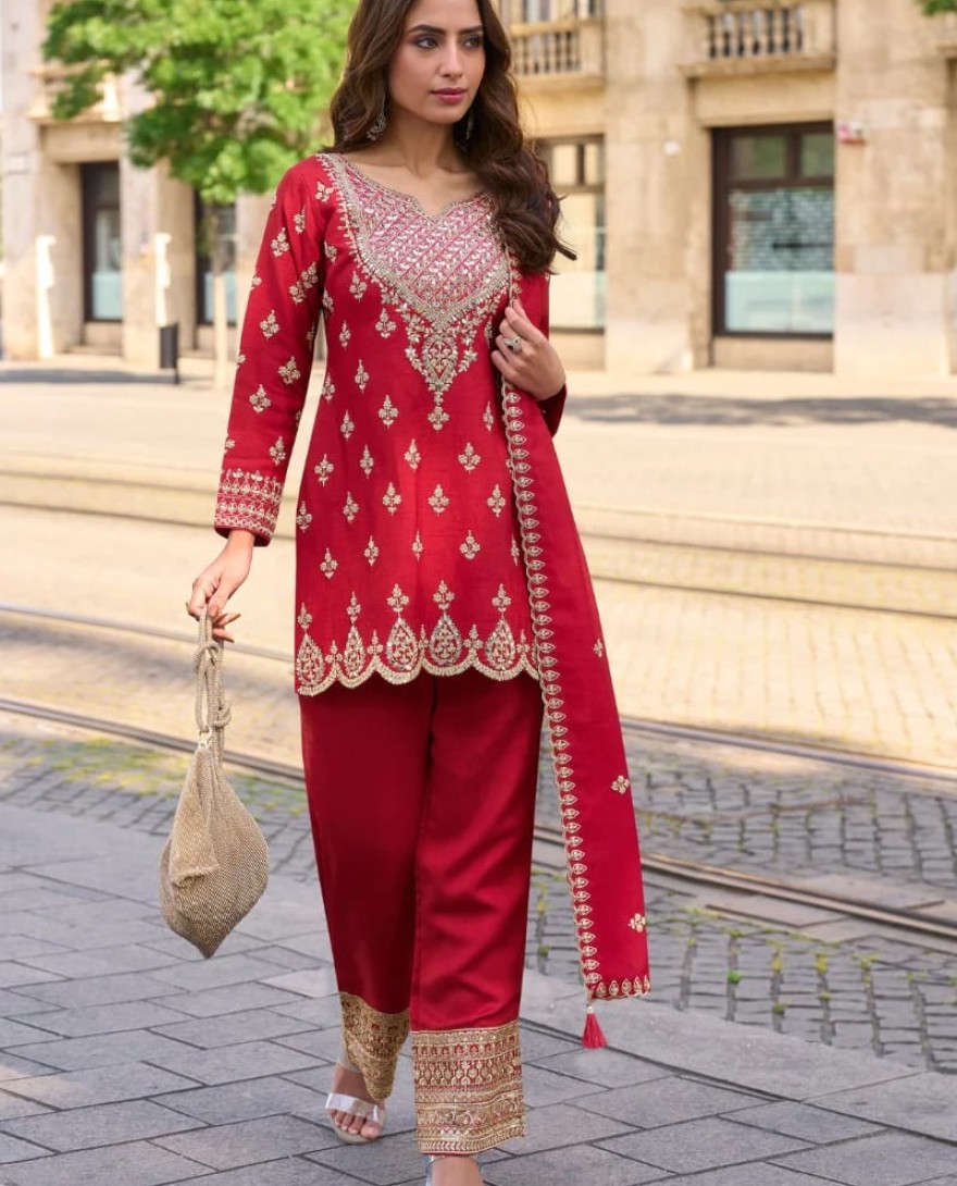 10029 - Designer Red Simar Silk Salwar Suit with Dupatta for Indian Wedding and Pakistani Festival