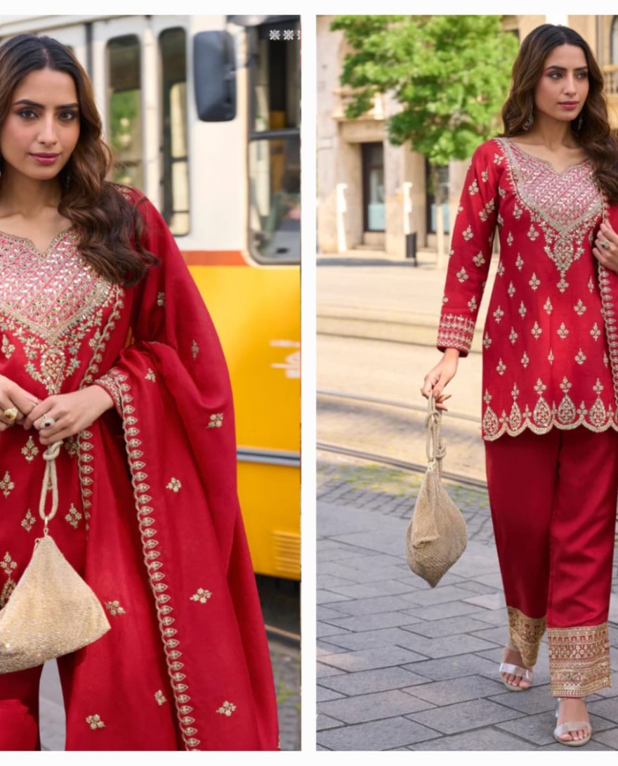 10029 - Designer Red Simar Silk Salwar Suit with Dupatta for Indian Wedding and Pakistani Festival