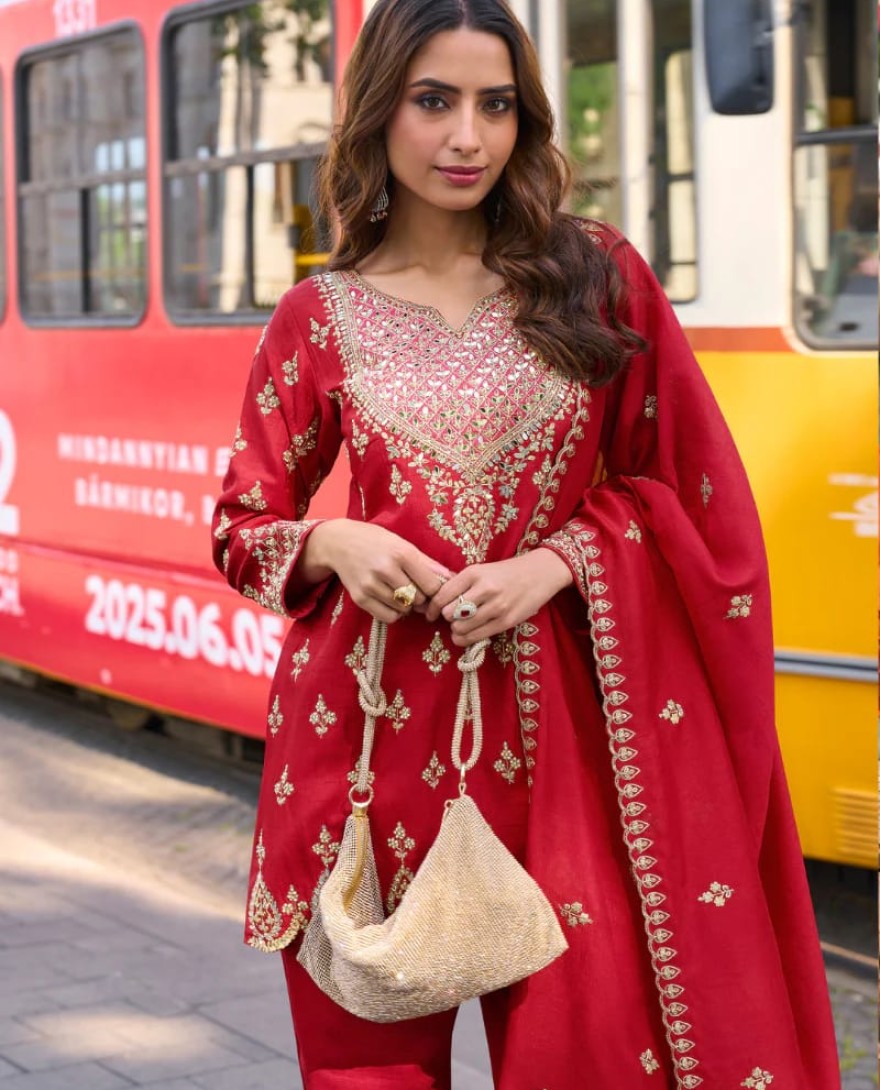 10029 - Designer Red Simar Silk Salwar Suit with Dupatta for Indian Wedding and Pakistani Festival