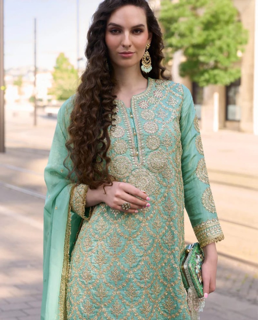 10030 - Sea Green Simar Silk Salwar Suit with Dupatta for Indian Wedding and Pakistani Festival