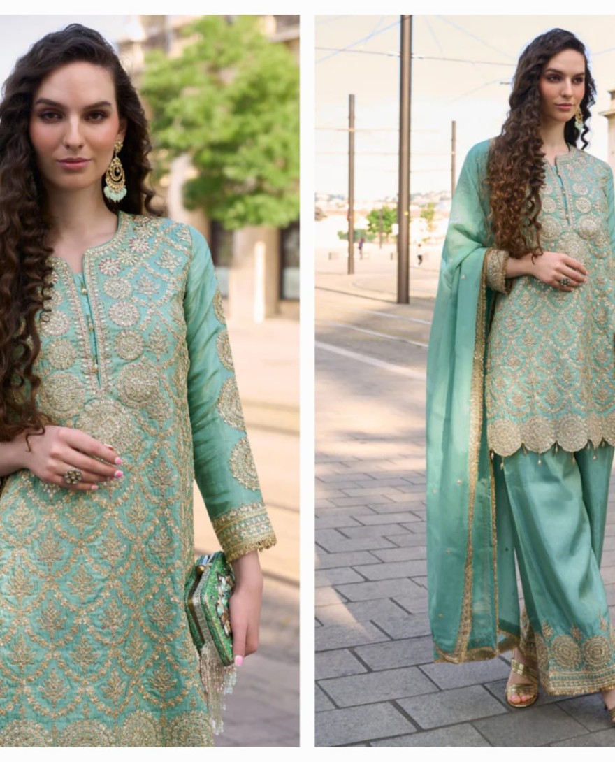 10030 - Sea Green Simar Silk Salwar Suit with Dupatta for Indian Wedding and Pakistani Festival