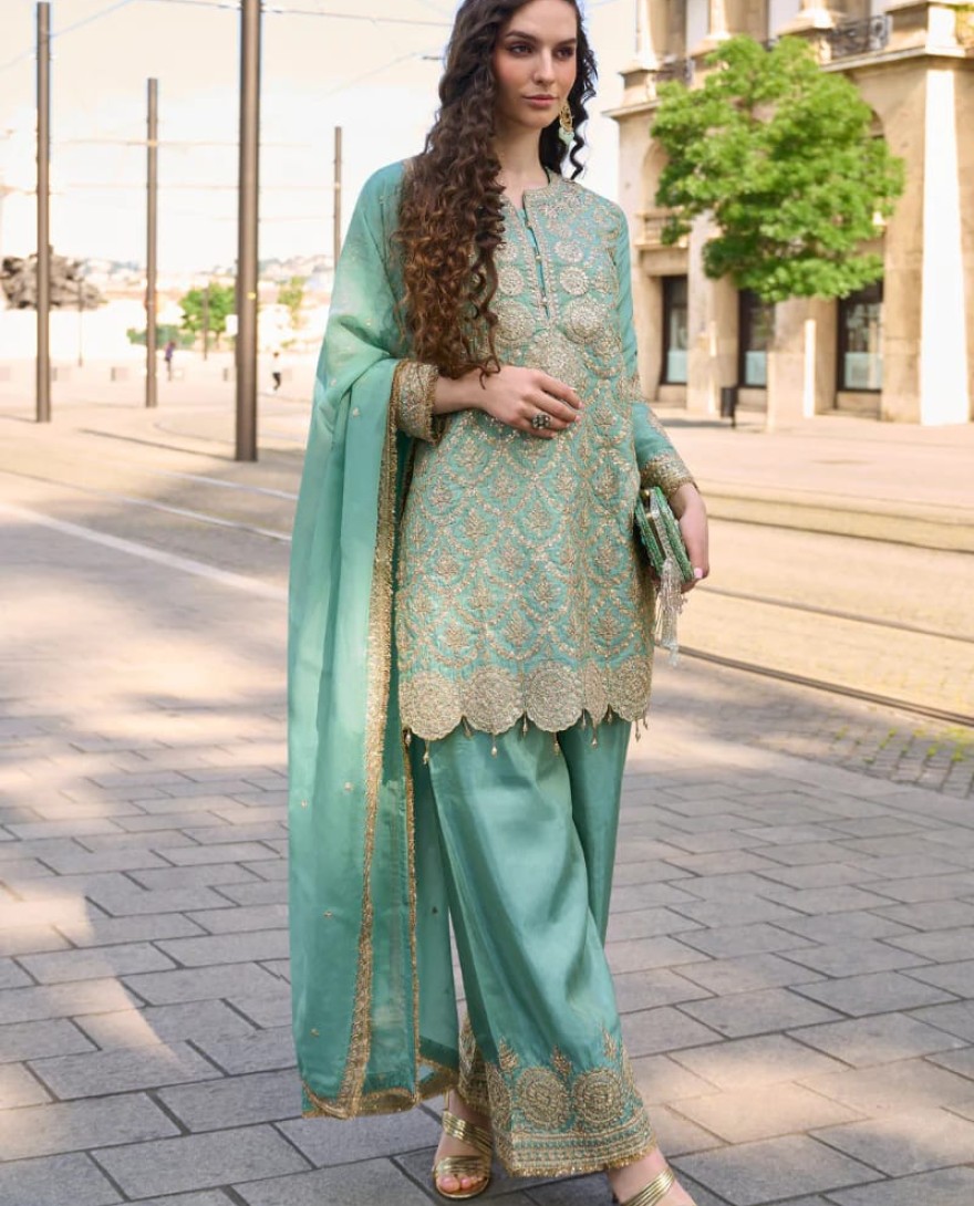 10030 - Sea Green Simar Silk Salwar Suit with Dupatta for Indian Wedding and Pakistani Festival