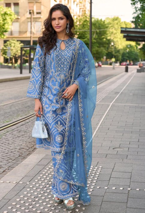 Blue Simar Silk Salwar Suit with Dupatta for Indian Wedding and Pakistani Festival