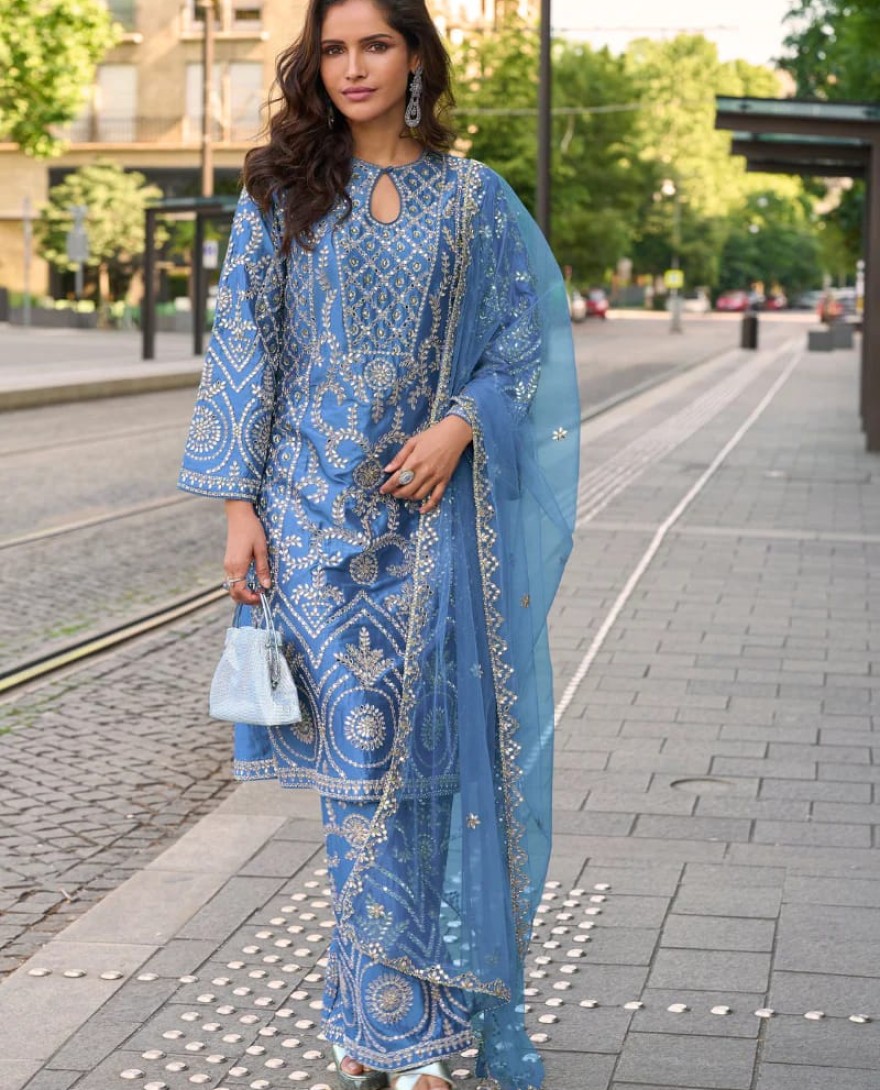 10031 - Blue Simar Silk Salwar Suit with Dupatta for Indian Wedding and Pakistani Festival