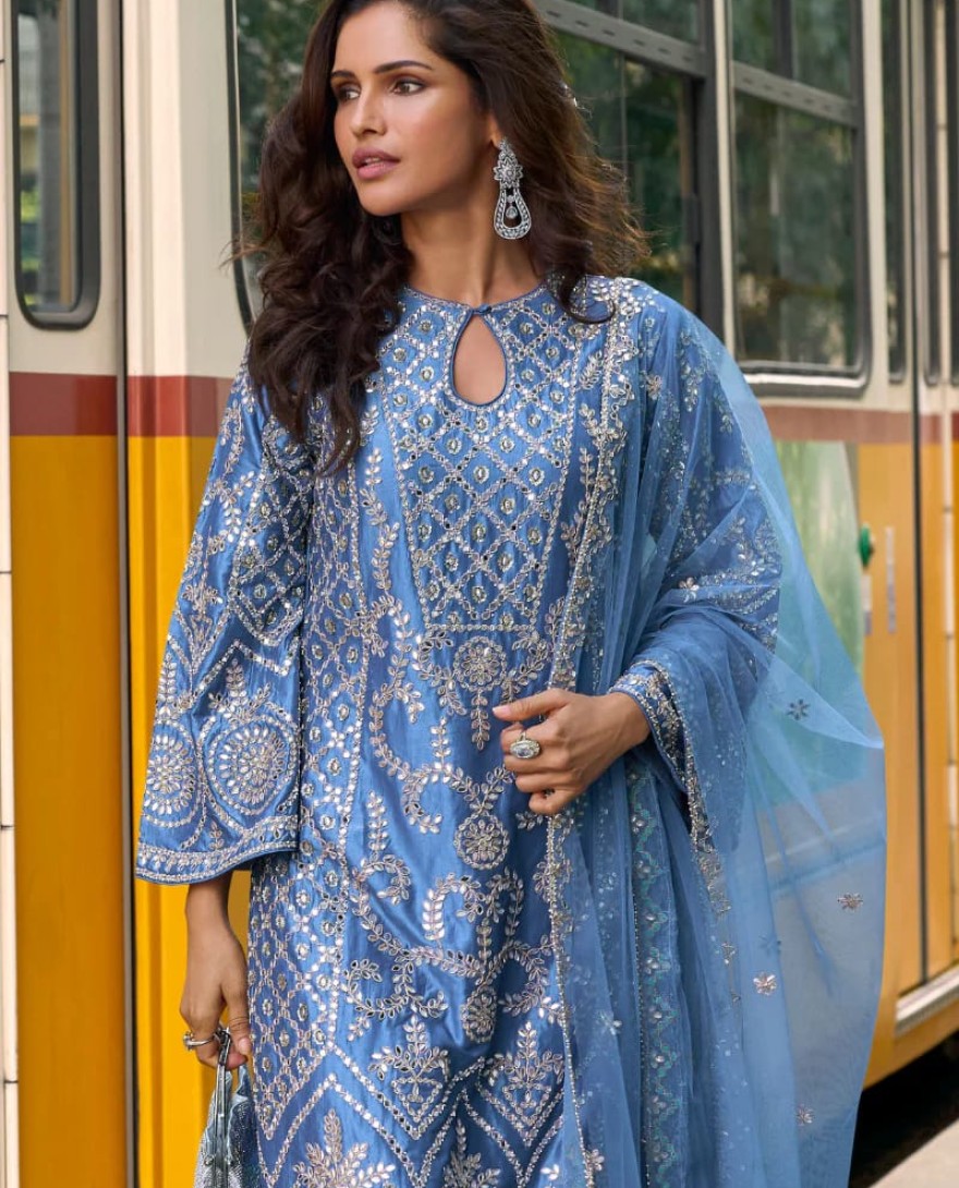 10031 - Blue Simar Silk Salwar Suit with Dupatta for Indian Wedding and Pakistani Festival