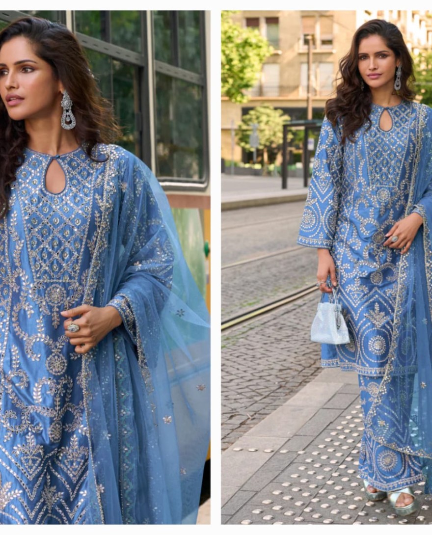 10031 - Blue Simar Silk Salwar Suit with Dupatta for Indian Wedding and Pakistani Festival