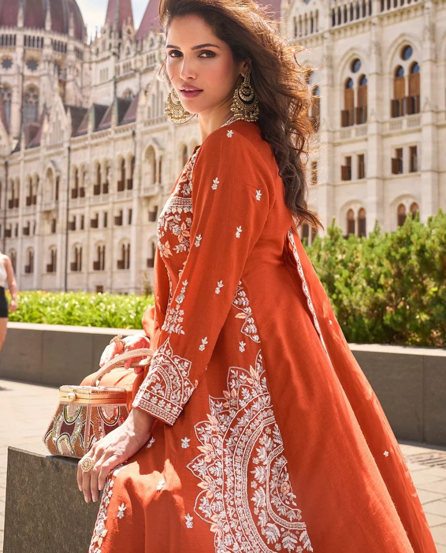 10001 - Rust Orange Organza Silk Slit Kurta With Palazzo Set for Indian Wedding and Pakistani Festival