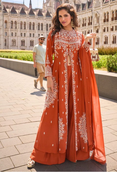 Rust Orange Organza Silk Slit Kurta With Palazzo Set for Indian Wedding and Pakistani Festival