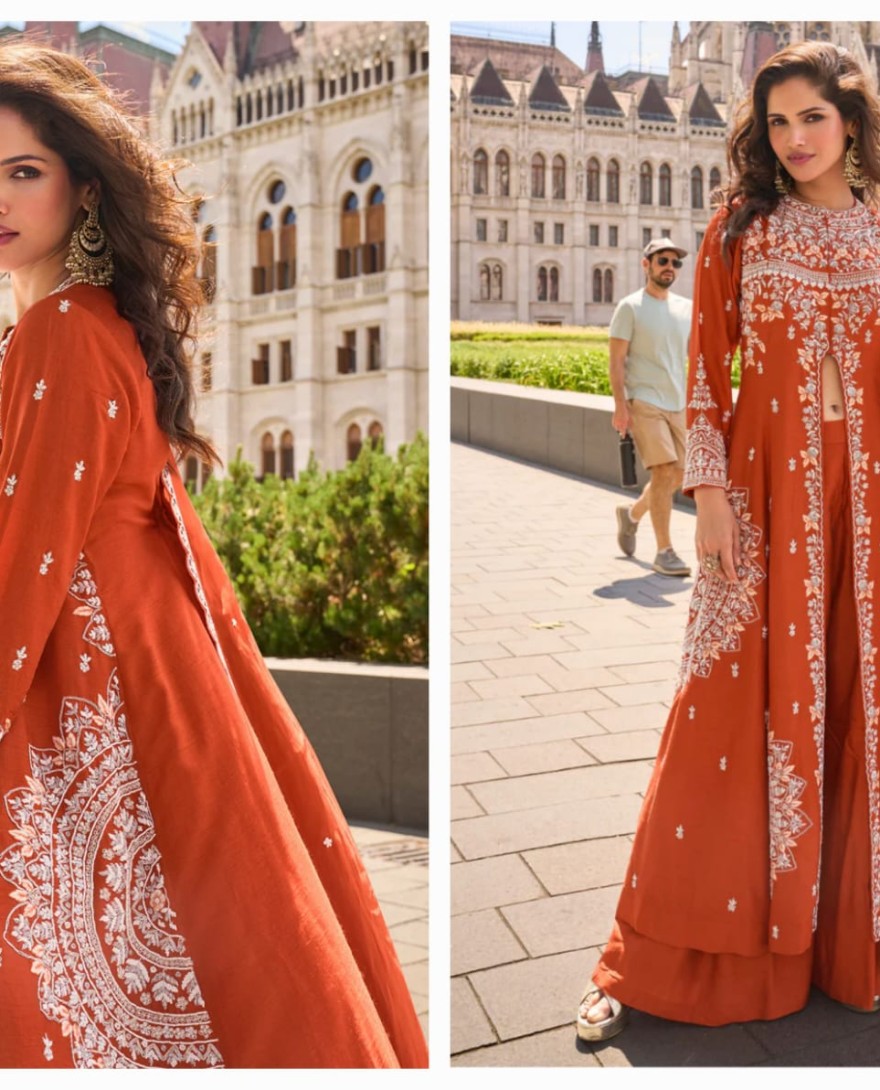 10001 - Rust Orange Organza Silk Slit Kurta With Palazzo Set for Indian Wedding and Pakistani Festival
