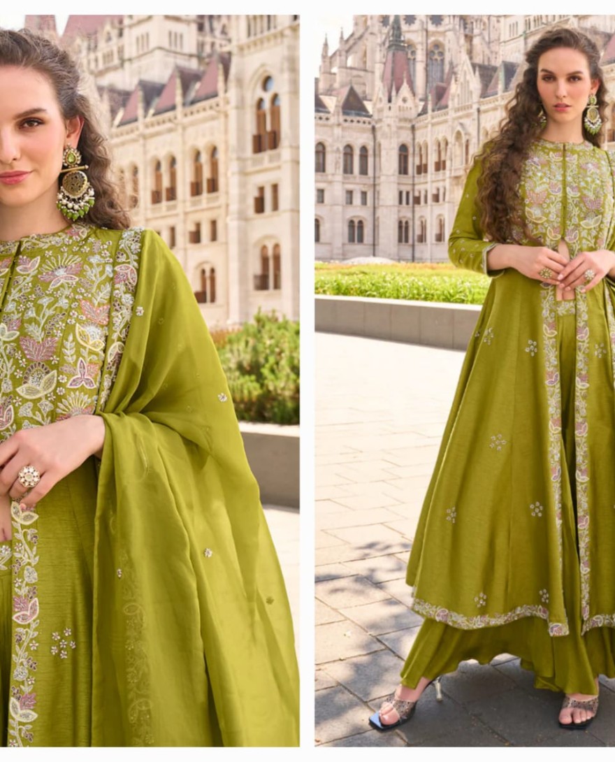 10002 - Olive Green Organza Silk Slit Kurta With Palazzo Set for Indian Wedding and Pakistani Festival