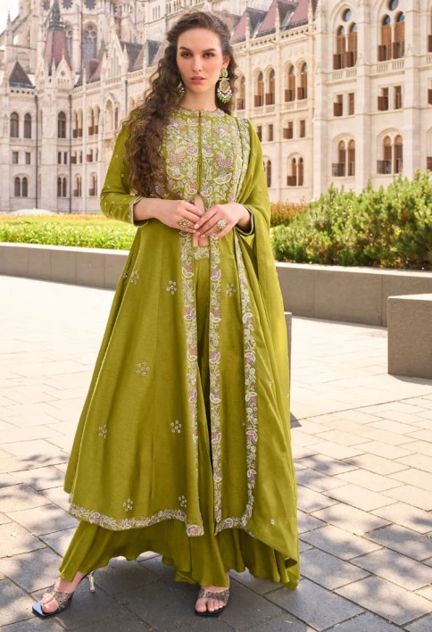 Olive Green Organza Silk Slit Kurta With Palazzo Set for Indian Wedding and Pakistani Festival