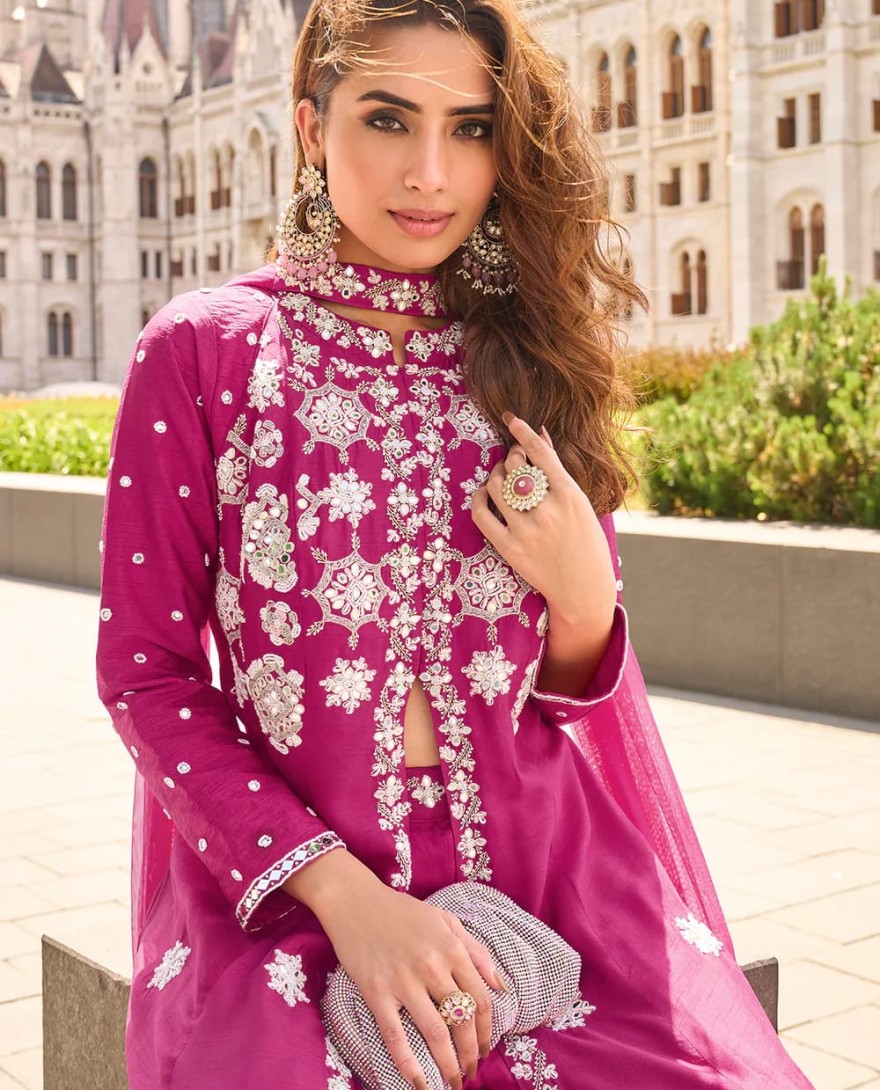 10003 - Magenta Organza Silk Slit Kurta With Palazzo Set for Indian Wedding and Pakistani Festival