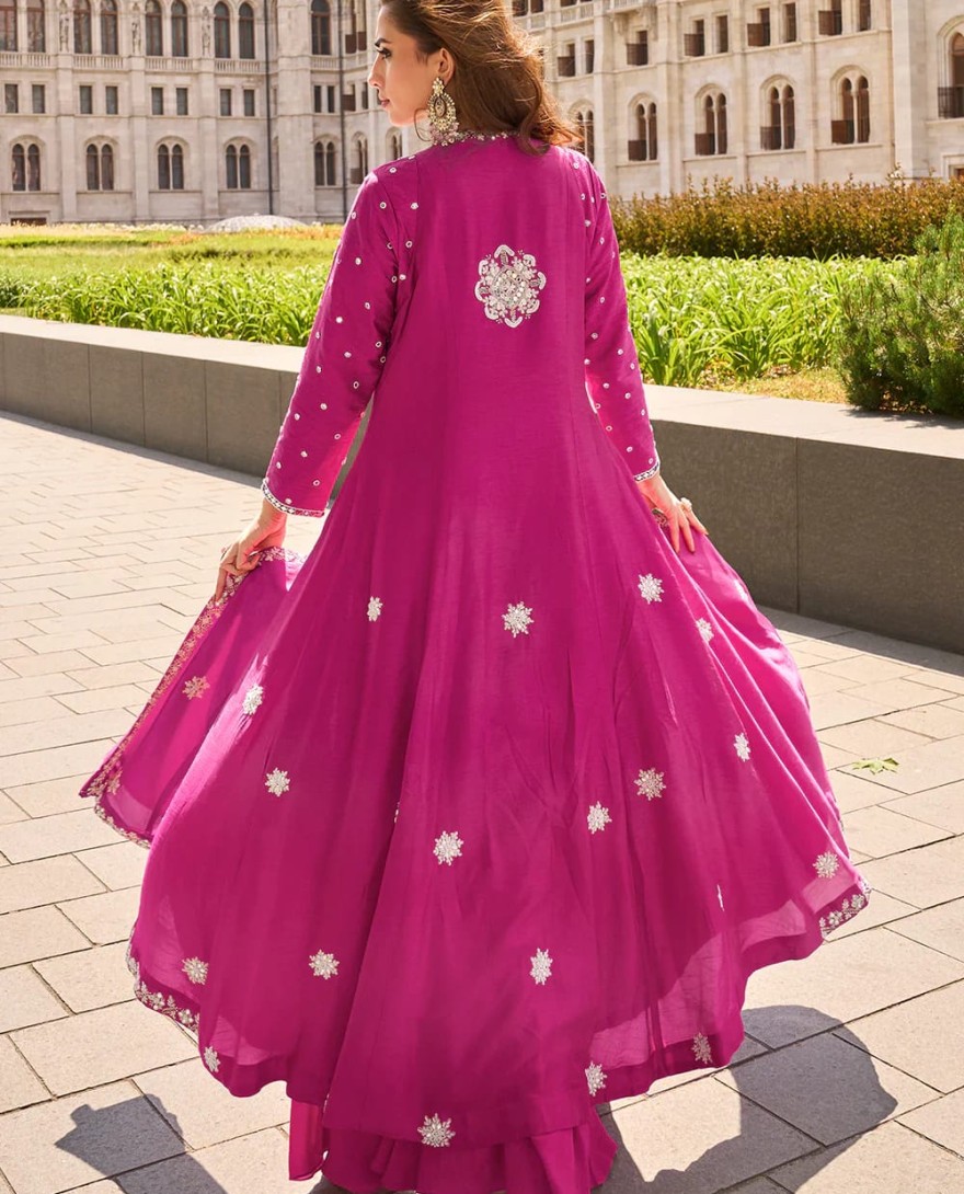 10003 - Magenta Organza Silk Slit Kurta With Palazzo Set for Indian Wedding and Pakistani Festival