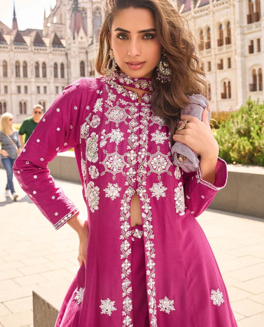 10003 - Magenta Organza Silk Slit Kurta With Palazzo Set for Indian Wedding and Pakistani Festival