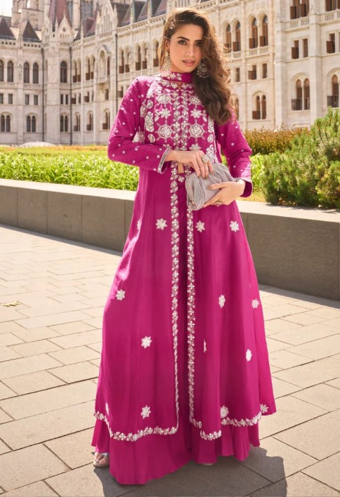 Magenta Organza Silk Slit Kurta With Palazzo Set for Indian Wedding and Pakistani Festival