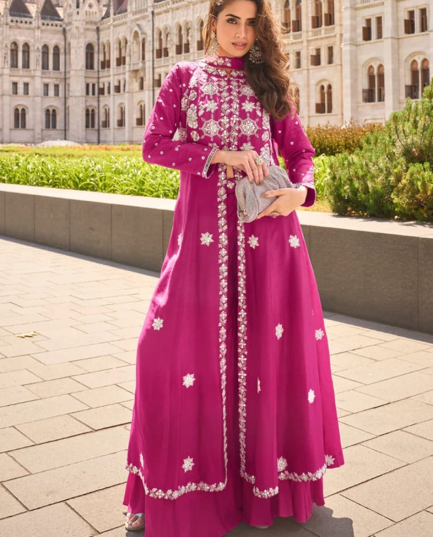 10003 - Magenta Organza Silk Slit Kurta With Palazzo Set for Indian Wedding and Pakistani Festival