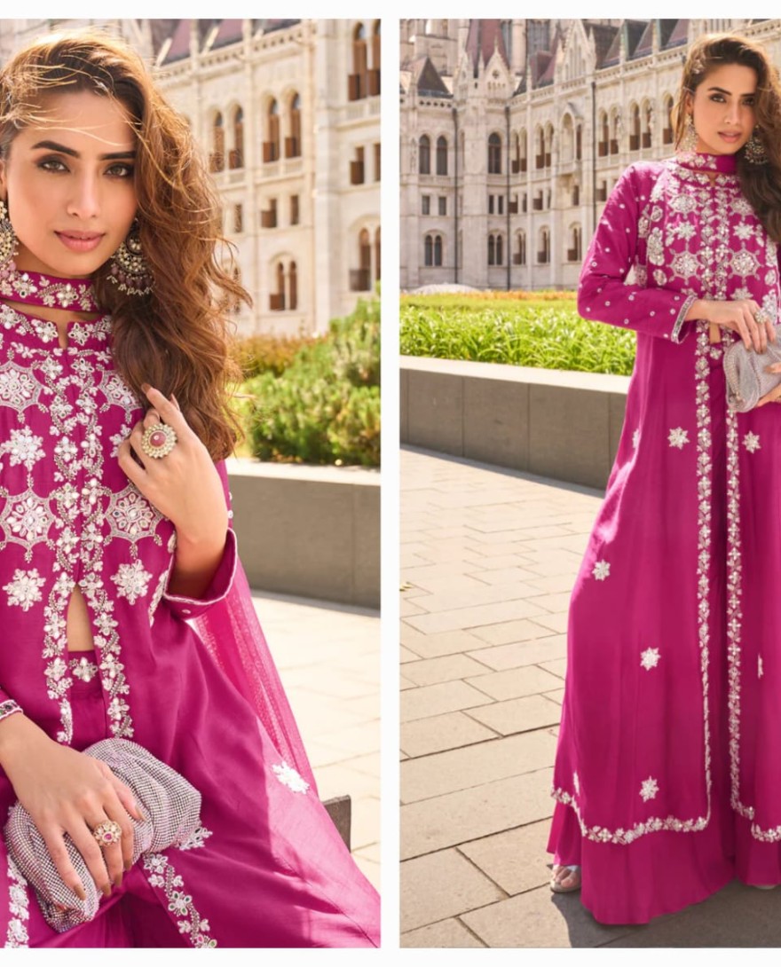 10003 - Magenta Organza Silk Slit Kurta With Palazzo Set for Indian Wedding and Pakistani Festival