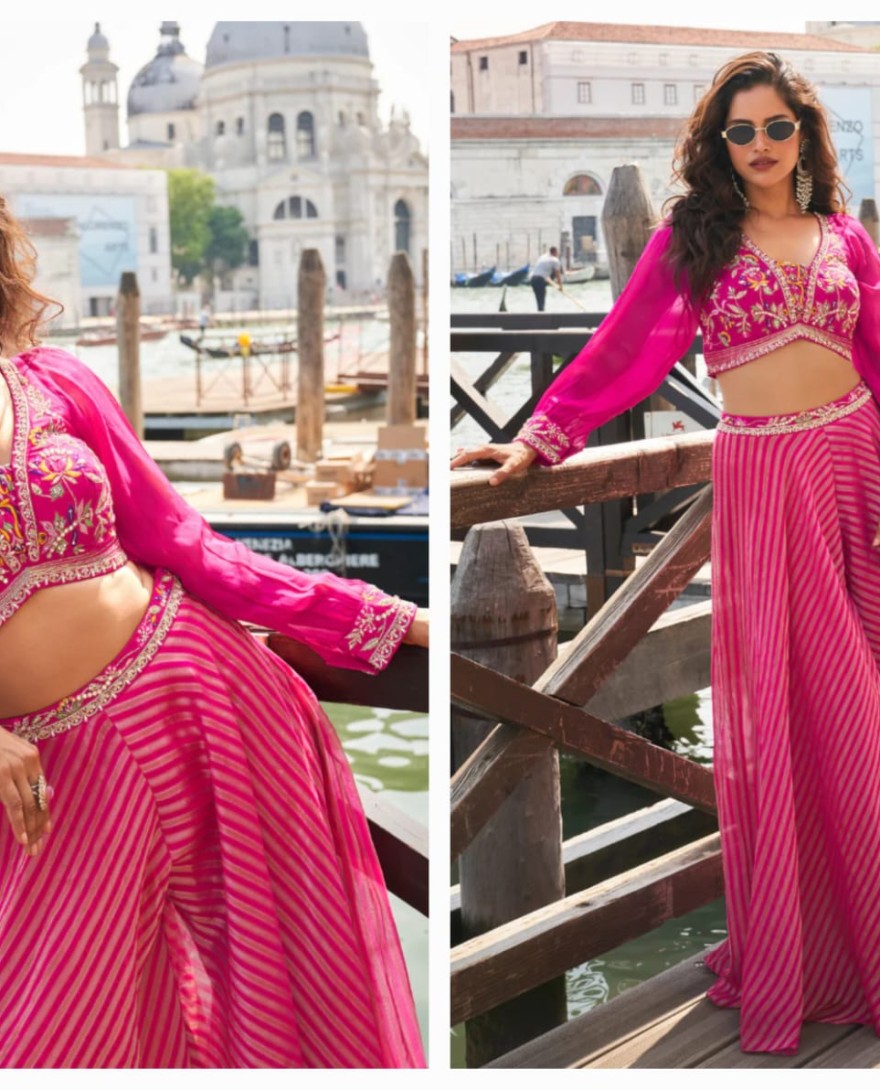 5861 - Designer Hot Pink Pure Viscose Palazzo Suit for Bridesmaids with Embroidered Blouse